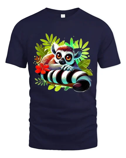 Cute Wide Eyed Lemur Jungle Art Tee Colorful Cartoon Style - navy t-shirt on white background
