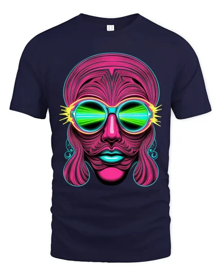 Neon Psychedelic Face Art Tee Retro Futuristic Trippy Style - navy t-shirt on white background