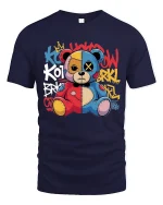 Graffiti Patchwork Teddy Bear Art Tee Urban Street Style - navy t-shirt on white background