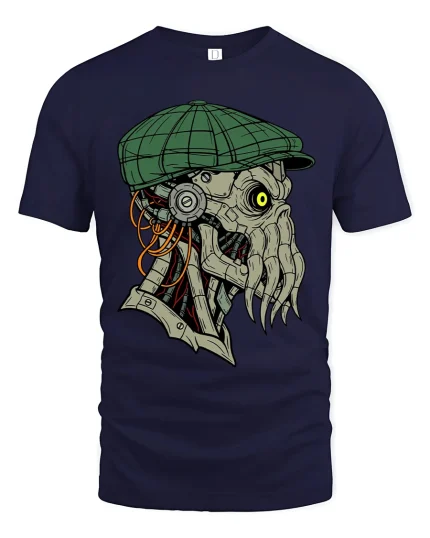 Cyberpunk Cthulhu Detective Art Tee Dark Sci Fi Horror Style - navy t-shirt on white background
