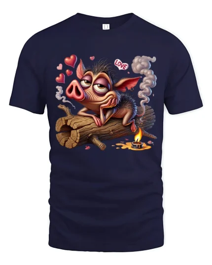 Funny Lovesick Pig Cartoon Tee Cute Romantic Animal Art - navy t-shirt on white background