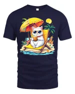 Cool Beach Cat Vacation Tee Funny Summer Cartoon Art - navy t-shirt on white background