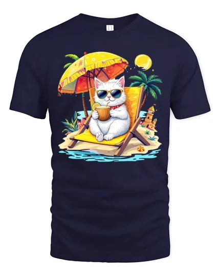 Cool Beach Cat Vacation Tee Funny Summer Cartoon Art - navy t-shirt on white background