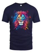 Colorful Lion Art Tee Bold Watercolor Wildlife Graphic Style - navy t-shirt on white background