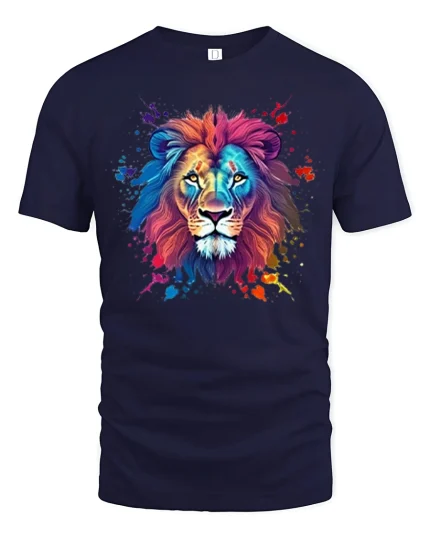 Colorful Lion Art Tee Bold Watercolor Wildlife Graphic Style - navy t-shirt on white background