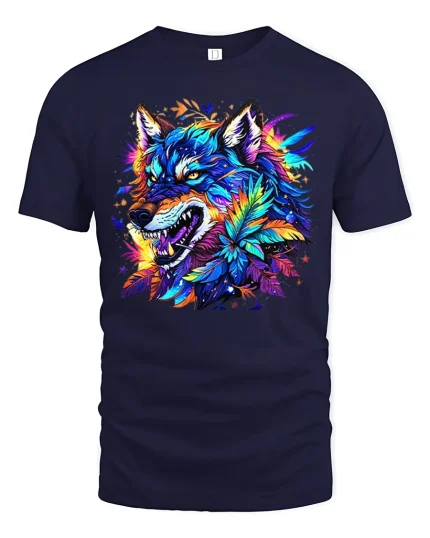 Fierce Colorful Wolf Art Tee Neon Feather Fantasy Graphic - navy t-shirt on white background