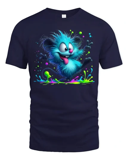 Funny Blue Furry Monster Tee Color Splash Cartoon Art Style - navy t-shirt on white background