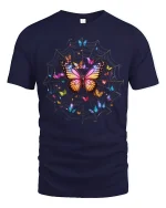 Colorful Butterfly Web Art Tee Magical Nature Fantasy Design - navy t-shirt on white background