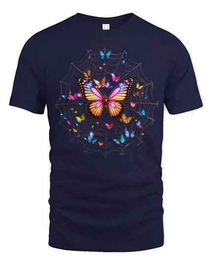 Colorful Butterfly Web Art Tee Magical Nature Fantasy Design - navy t-shirt on white background