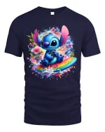 Cute Blue Alien Surf Art Tee Colorful Fantasy Graphic Style - navy t-shirt on white background