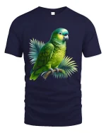 Vibrant Green Parrot Art Tee Tropical Bird Graphic Style - navy t-shirt on white background