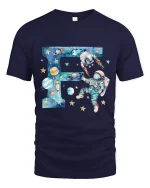 Space Astronaut Letter F Art Tee Cosmic Cartoon Galaxy Style - navy t-shirt on white background