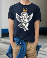 Crowned Rebel Angel Baby Art Tee Graphic Streetwear - model wearing navy tee with hands in pockets