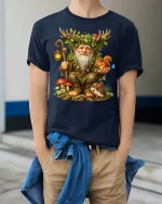 Whimsical Forest Guardian Gnome Art Tee Magical Nature Style - model wearing navy tee with hands in pockets