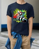 Cute Wide Eyed Lemur Jungle Art Tee Colorful Cartoon Style - model wearing navy tee with hands in pockets
