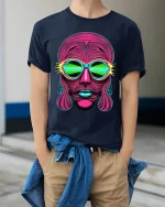 Neon Psychedelic Face Art Tee Retro Futuristic Trippy Style - model wearing navy tee with hands in pockets