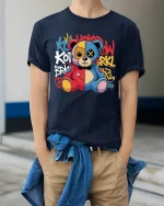 Graffiti Patchwork Teddy Bear Art Tee Urban Street Style - model wearing navy tee with hands in pockets
