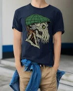 Cyberpunk Cthulhu Detective Art Tee Dark Sci Fi Horror Style - model wearing navy tee with hands in pockets
