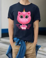 Cute Pink Caticorn Cartoon Tee Fun Fantasy Graphic Style - model wearing navy tee with hands in pockets
