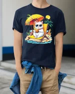Cool Beach Cat Vacation Tee Funny Summer Cartoon Art - model wearing navy tee with hands in pockets
