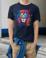 Colorful Lion Art Tee Bold Watercolor Wildlife Graphic Style - model wearing navy tee with hands in pockets