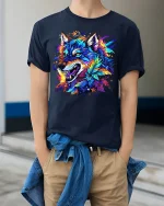 Fierce Colorful Wolf Art Tee Neon Feather Fantasy Graphic - model wearing navy tee with hands in pockets
