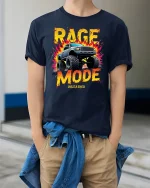 Rage Mode Monster Truck Tee Off Road Power Graphic Style - model wearing navy tee with hands in pockets