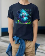 Funny Blue Furry Monster Tee Color Splash Cartoon Art Style - model wearing navy tee with hands in pockets