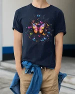 Colorful Butterfly Web Art Tee Magical Nature Fantasy Design - model wearing navy tee with hands in pockets