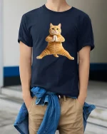Funny Yoga Cat Pose Tee Cute Zen Animal Graphic Style - model wearing navy tee with hands in pockets