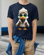 Cool Explorer Duck Cartoon Tee Fun Adventure Graphic Style - model wearing navy tee with hands in pockets