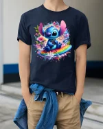 Cute Blue Alien Surf Art Tee Colorful Fantasy Graphic Style - model wearing navy tee with hands in pockets