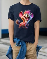 Funny Smiling Hyena Cartoon Tee Colorful Wild Animal Art - model wearing navy tee with hands in pockets