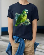 Vibrant Green Parrot Art Tee Tropical Bird Graphic Style - model wearing navy tee with hands in pockets