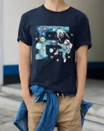 Space Astronaut Letter F Art Tee Cosmic Cartoon Galaxy Style - model wearing navy tee with hands in pockets