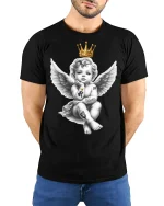 Crowned Rebel Angel Baby Art Tee Graphic Streetwear - model wearing black tee with hands behind back