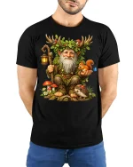 Whimsical Forest Guardian Gnome Art Tee Magical Nature Style - model wearing black tee with hands behind back