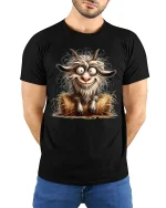 Funny Crazy Goat Cartoon Tee Wild Farm Animal Humor Art - model wearing black tee with hands behind back