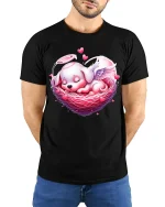 Cute Angel Puppy Heart Nest Tee Sweet Love Cartoon Art - model wearing black tee with hands behind back