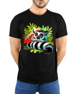 Cute Wide Eyed Lemur Jungle Art Tee Colorful Cartoon Style - model wearing black tee with hands behind back
