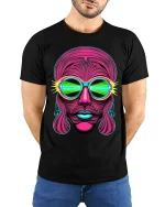 Neon Psychedelic Face Art Tee Retro Futuristic Trippy Style - model wearing black tee with hands behind back