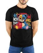 Graffiti Patchwork Teddy Bear Art Tee Urban Street Style - model wearing black tee with hands behind back