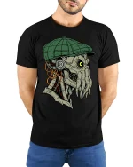 Cyberpunk Cthulhu Detective Art Tee Dark Sci Fi Horror Style - model wearing black tee with hands behind back