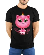 Cute Pink Caticorn Cartoon Tee Fun Fantasy Graphic Style - model wearing black tee with hands behind back