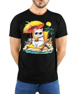 Cool Beach Cat Vacation Tee Funny Summer Cartoon Art - model wearing black tee with hands behind back