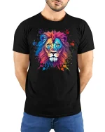 Colorful Lion Art Tee Bold Watercolor Wildlife Graphic Style - model wearing black tee with hands behind back