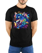 Fierce Colorful Wolf Art Tee Neon Feather Fantasy Graphic - model wearing black tee with hands behind back