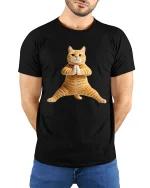 Funny Yoga Cat Pose Tee Cute Zen Animal Graphic Style - model wearing black tee with hands behind back