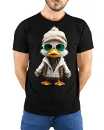 Cool Explorer Duck Cartoon Tee Fun Adventure Graphic Style - model wearing black tee with hands behind back