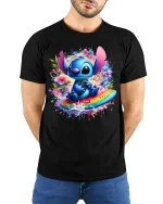Cute Blue Alien Surf Art Tee Colorful Fantasy Graphic Style - model wearing black tee with hands behind back